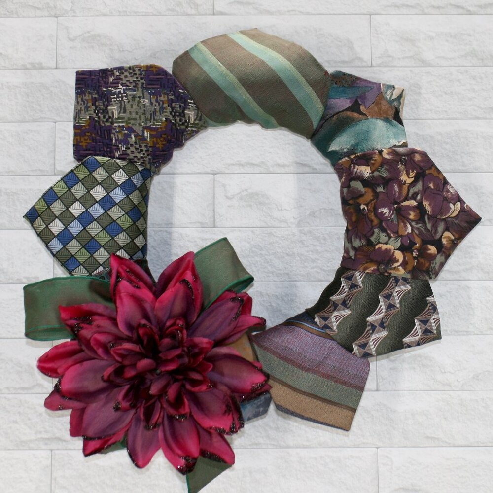 HAND CRAFTED Wreath Upcycled Necktie Christmas Holiday Cranberry Floral Decor